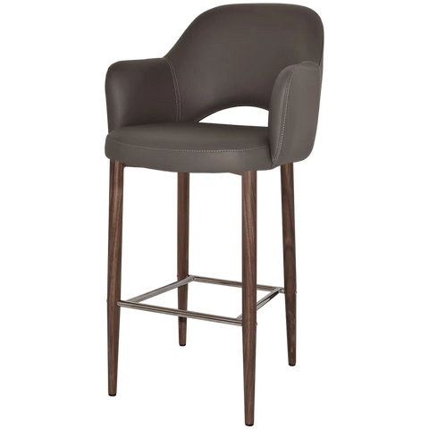 Mulberry Arm Bar Stool Light Walnut Metal 4 Leg With Charcoal Vinyl Shell, Viewed From Angle In Front