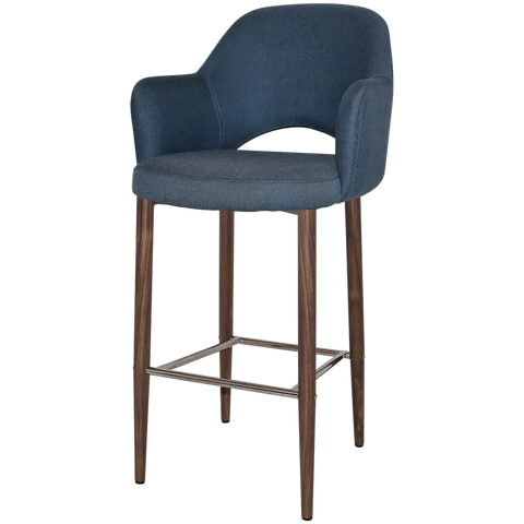 Mulberry Arm Bar Stool Light Walnut Metal 4 Leg With Gravity Denim Shell, Viewed From Angle In Front