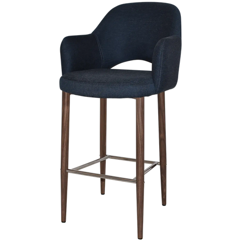 Mulberry Arm Bar Stool Light Walnut Metal 4 Leg With Gravity Navy Shell, Viewed From Angle In Front