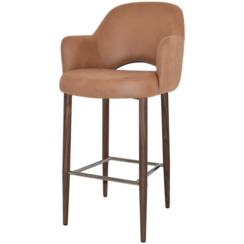 Mulberry Arm Bar Stool Light Walnut Metal 4 Leg With Pelle Benito Tan Shell, Viewed From Angle In Front