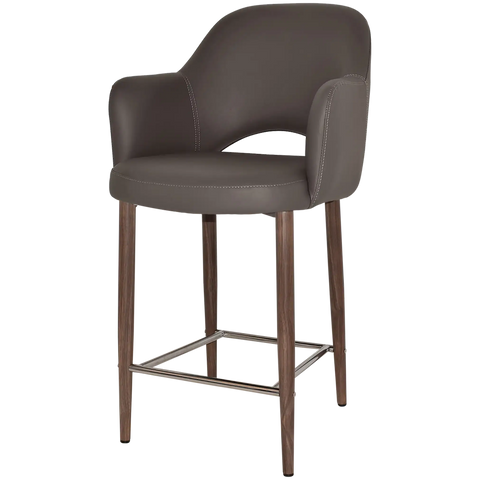 Mulberry Arm Counter Stool Light Walnut Metal 4 Leg With Charcoal Vinyl Shell, Viewed From Angle