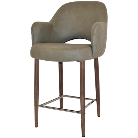 Mulberry Arm Counter Stool Light Walnut Metal 4 Leg With Pelle Benito Sage Shell, Viewed From Angle