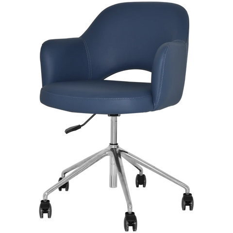 Mulberry Armchair 5 Way Aluminium Office Base On Castors With Blue Vinyl Shell, Viewed From Angle In Front