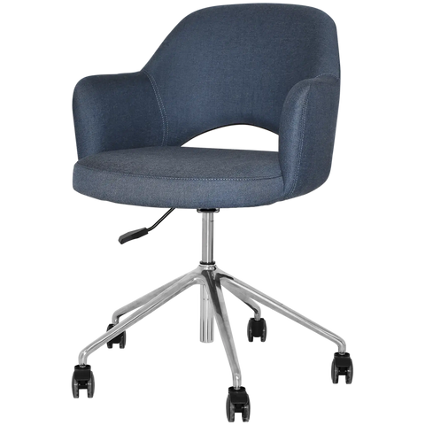 Mulberry Armchair 5 Way Aluminium Office Base On Castors With Gravity Denim Shell, Viewed From Angle In Front