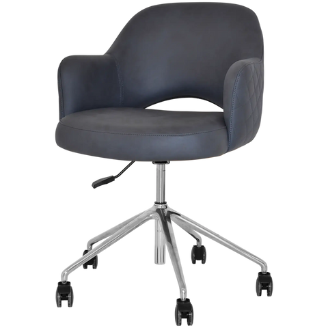 Mulberry Armchair 5 Way Aluminium Office Base On Castors With Pelle Benito Navy Shell, View From Angle In Front