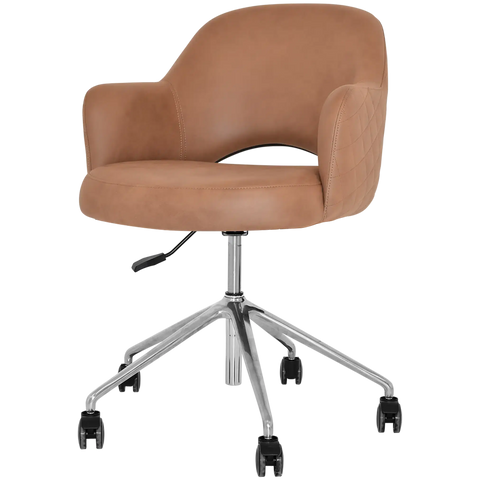 Mulberry Armchair 5 Way Aluminium Office Base On Castors With Pelle Benito Tan Shell, Viewed From Angle In Front