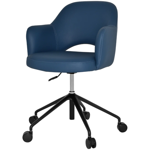 Mulberry Armchair 5 Way Black Office Base On Castors With Blue Vinyl Shell, Viewed From Angle In Front