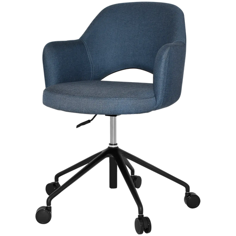 Mulberry Armchair 5 Way Black Office Base On Castors With Gravity Denim Shell, Viewed From Angle In Front