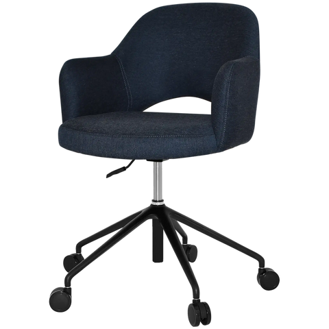 Mulberry Armchair 5 Way Black Office Base On Castors With Gravity Navy Shell, View From Angle In Front