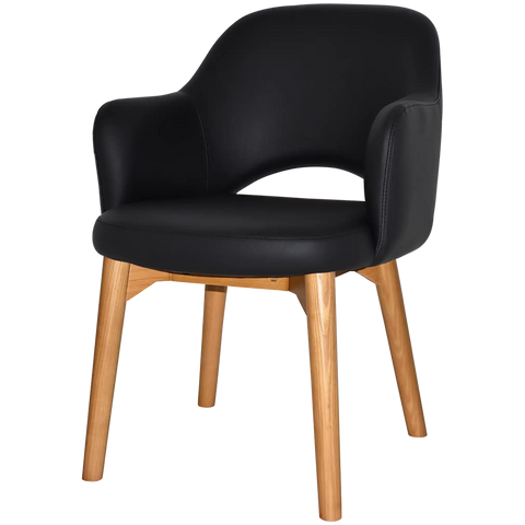 Mulberry Armchair Light Oak Timber 4 Leg With Black Vinyl Shell, Viewed From Angle