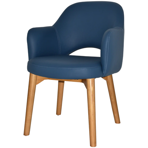 Mulberry Armchair Light Oak Timber 4 Leg With Blue Vinyl Shell, Viewed From Angle