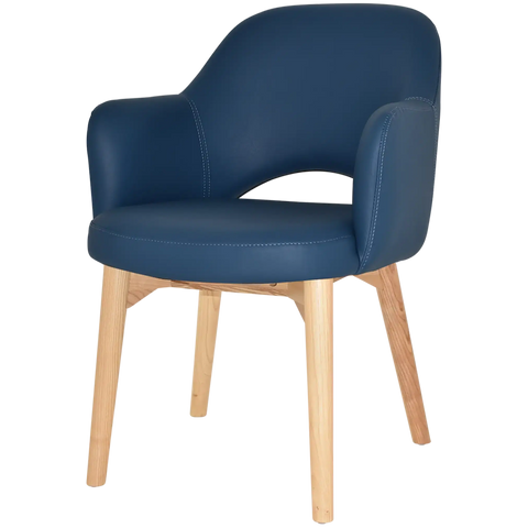 Mulberry Armchair Natural Timber 4 Leg With Blue Vinyl Shell, Viewed From Angle