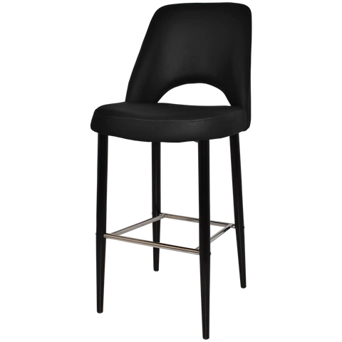 Mulberry Bar Stool Black Metal 4 Leg With Black Vinyl Shellack Metal 4 Leg With, Viewed From Angle