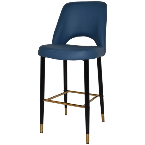 Mulberry Bar Stool Black With Brass Tip Metal 4 Leg With Black Vinyl Shell, Viewed From Angle