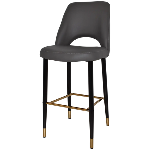 Mulberry Bar Stool Black With Brass Tip Metal 4 Leg With Charcoal Vinyl Shell, Viewed From Angle
