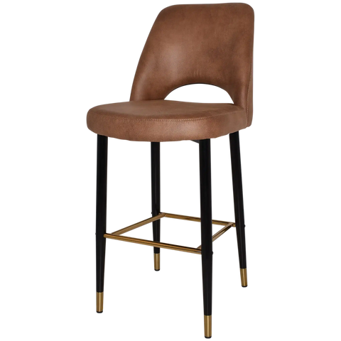 Mulberry Bar Stool Black With Brass Tip Metal 4 Leg With Eastwood Tan Shell, Viewed From Angle
