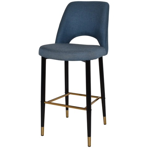 Mulberry Bar Stool Black With Brass Tip Metal 4 Leg With Gravity Denim Shell, Viewed From Angle