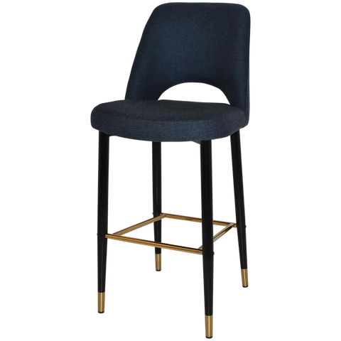 Mulberry Bar Stool Black With Brass Tip Metal 4 Leg With Gravity Navy Shell, Viewed From Angle