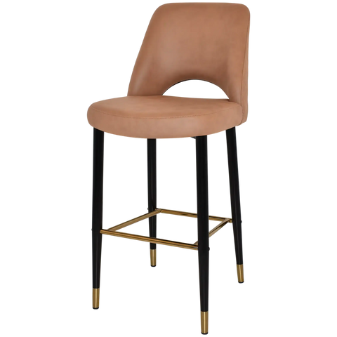 Mulberry Bar Stool Black With Brass Tip Metal 4 Leg With Pelle Benito Tan Shell, Viewed From Angle