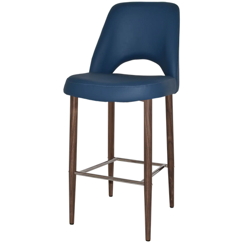 Mulberry Bar Stool Light Walnut Metal 4 Leg With Black Vinyl Shell, Viewed From Angle
