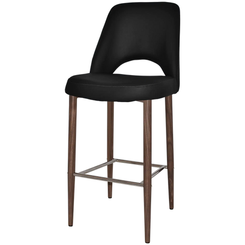 Mulberry Bar Stool Light Walnut Metal 4 Leg With Black Vinyl Shellack Metal 4 Leg With, Viewed From Angle