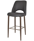 Mulberry Bar Stool Light Walnut Metal 4 Leg With Charcoal Vinyl Shell, Viewed From Angle