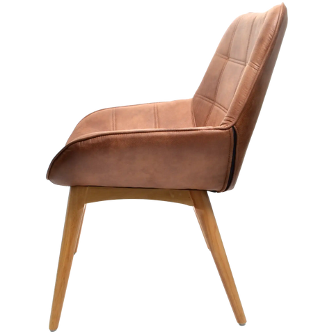 Neo Occasional Armchair Upholstered In Eastwood Tan With Natural Timber 4 Leg Base, Viewed From Side