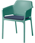 Net Armchair By Nardi In Salice Green With Denim Seat Pad, Viewed From Angle In Front