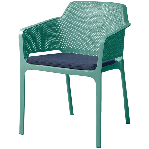 Net Armchair By Nardi In Salice Green With Denim Seat Pad, Viewed From Angle In Front