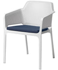 Net Armchair By Nardi In White With Denim Seat Pad, Viewed From Angle In Front