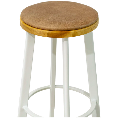 Nika Bar Stool White Frame With Natural Seat And Custom Eastwood Seat Pad Close View From Angle In Front