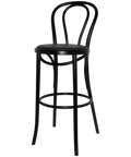 No 18 Bentwood Bar Stool In Black With Black Vinyl Seat Pad, Viewed From Angle In Front