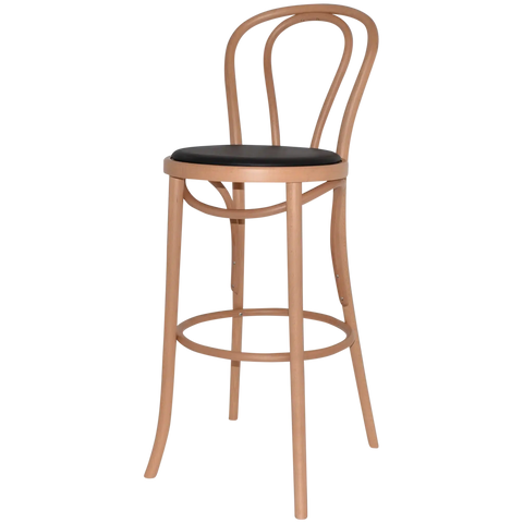 No 18 Bentwood Bar Stool In Natural With Black Vinyl Seat Pad, Viewed From Angle In Front
