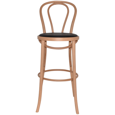 No 18 Bentwood Bar Stool In Natural With Black Vinyl Seat Pad, Viewed From Front