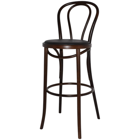 No 18 Bentwood Bar Stool In Walnut With Black Vinyl Seat Pad, Viewed From Angle In Front
