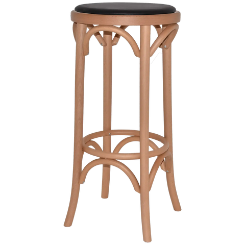 No 9739 Bentwood Bar Stool In Natural With Black Vinyl Seat Pad, Viewed From Angle In Front
