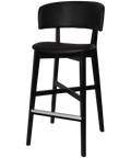 Palermo Bar Stool With Black Vinyl Upholstery And Black Timber Frame, Viewed From Angle In Front