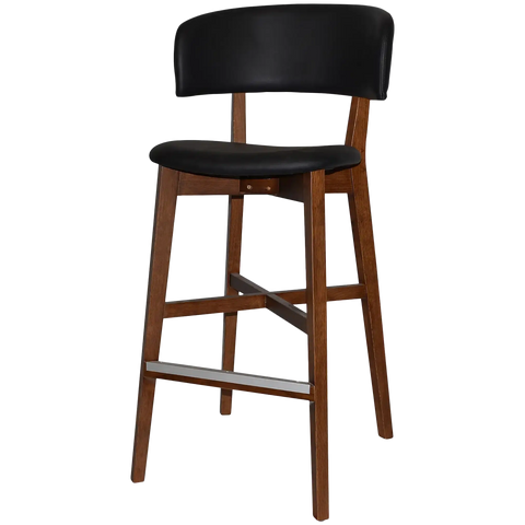 Palermo Bar Stool With Black Vinyl Upholstery And Light Walnut Timber Frame, Viewed From Angle In Front