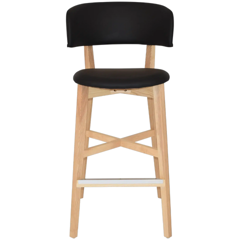 Palermo Bar Stool With Black Vinyl Upholstery And Natural Timber Frame, Viewed From Front