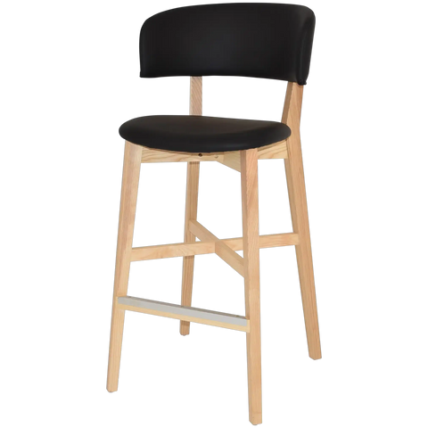 Palermo Bar Stool With Natural Timber Frame And Black Vinyl Seat And Back, Viewed From Front Angle