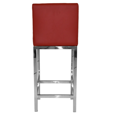 Quentin Counter Stool With Backrest With Stainless Steel Frame And Red Vinyl Upholstery, Viewed From Behind