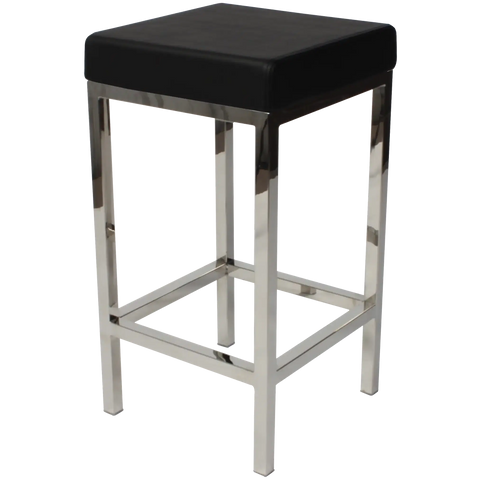 Quentin Counter Stool With Stainless Steel Frame And Black Vinyl Upholstery, Viewed From Angle In Front