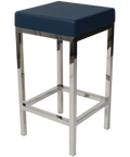 Quentin Counter Stool With Stainless Steel Frame And Blue Vinyl Upholstery, Viewed From Angle In Front
