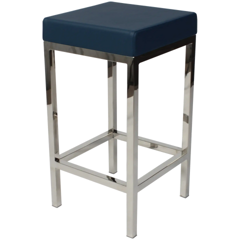 Quentin Counter Stool With Stainless Steel Frame And Blue Vinyl Upholstery, Viewed From Angle In Front