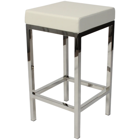 Quentin Counter Stool With Stainless Steel Frame And White Vinyl Upholstery, Viewed From Angle In Front