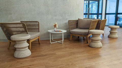 Bellano Armchairs In Beige And Monsoon Side Tables In White At Rezz Hotel 