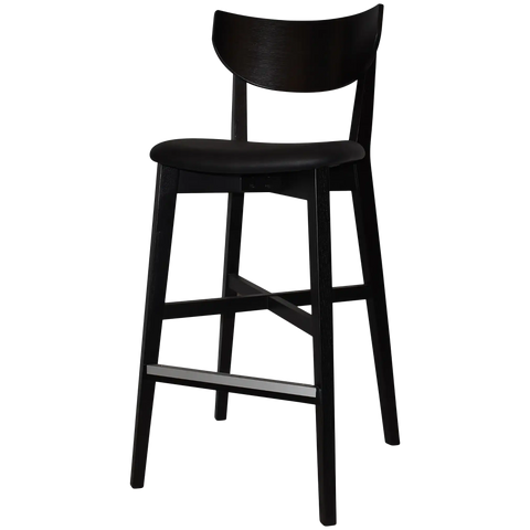 Romano Bar Stool With Black Vinyl Upholstered Seat With Black Timber Frame, Viewed From Angle In Front