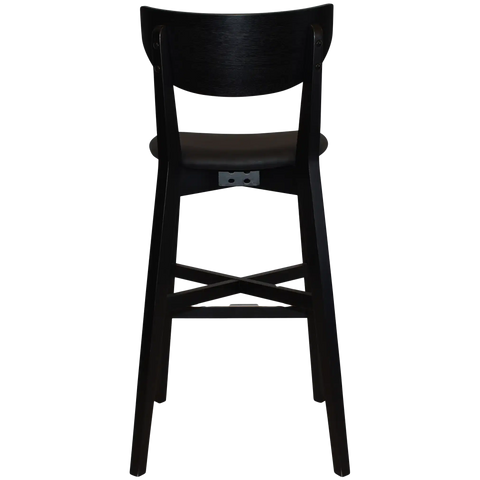 Romano Bar Stool With Black Vinyl Upholstered Seat With Black Timber Frame, Viewed From Behind