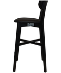 Romano Bar Stool With Black Vinyl Upholstered Seat With Black Timber Frame, Viewed From Side