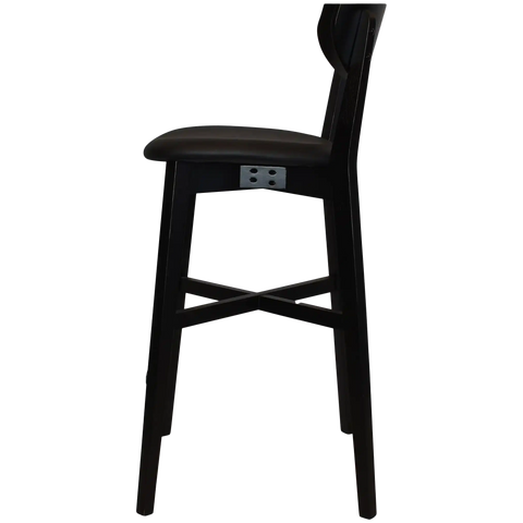 Romano Bar Stool With Black Vinyl Upholstered Seat With Black Timber Frame, Viewed From Side